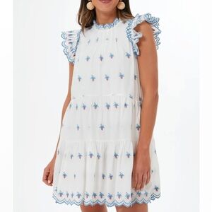 Sea White Mini Dress with Blue Embroidery